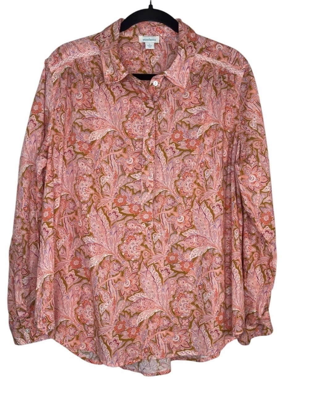 SUNDANCE Poppy Bloom Blouse Size Large L Pink Floral Popover Blouse 100% Cotton